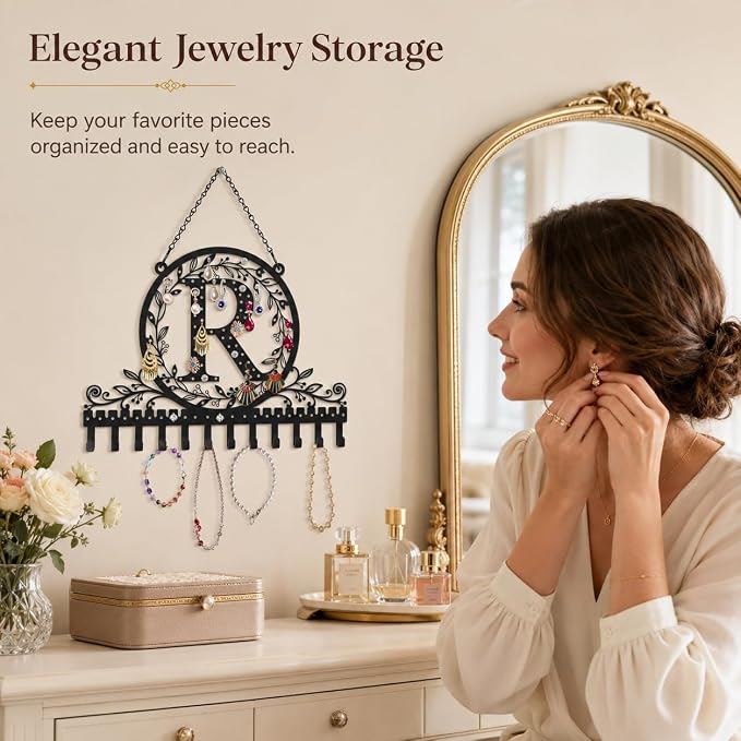 Personalized Wall Mounted Metal Initial Letter R Earring Holder Jewelry Organizer for Earrings and Necklaces Space Saving Wall Display with Hooks Jewelry Storage Bedroom Vanity Gift for Women