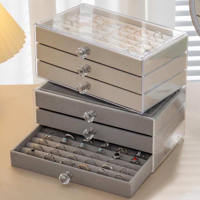SPAKOWN Ring Box Display Holder, Clear Velvet Jewelry Storage Tray Organizer for Ring Stud Earring (Beige - 3 Drawers)