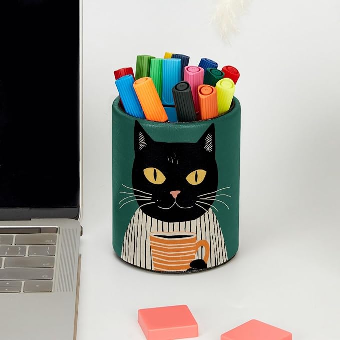 Funny Cat Pen Holder Pencil Organizer for Desk, 3.1” x 3.1” x 3.9” Pencil Cup Office Supplies, Large Capacity Cute Pen and Makeup Brush Holder for Desktop, Home, School