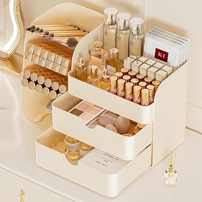 Booklov Small Makeup Organizer for Vanity Countertop, Cream | Plastic Cosmetic Display Case with Drawers, Beauty Brush Holder for Bathroom Counter, Skin Care Perfumes Storage