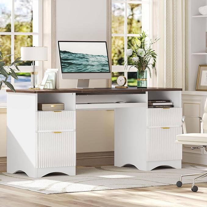 Bestier Computer Desk with Keyboard Tray, 59 inch Office Desk with 4 Drawers, Modern Home Office Desk with File Drawer (Walnut with White, 59" W with Double-Sided Drawers)