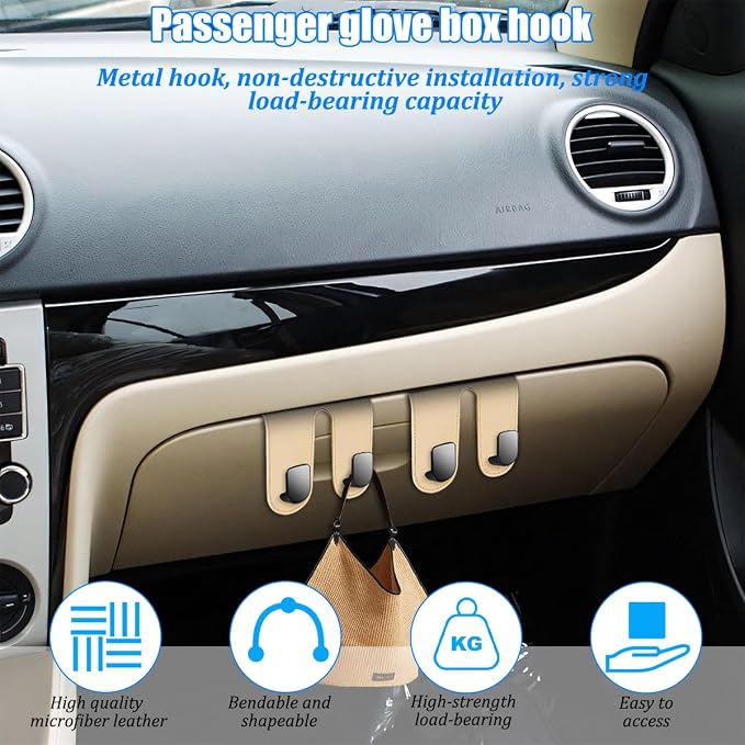 Car Co-Pilot Glovebox Hook, Dual Hook Passenger Seat Glovebox Hanger Organizer for Purse Handbag Umbrella, Automotive Interior Glove Box Hanging Storage Holder, Universal Fit (Beige)