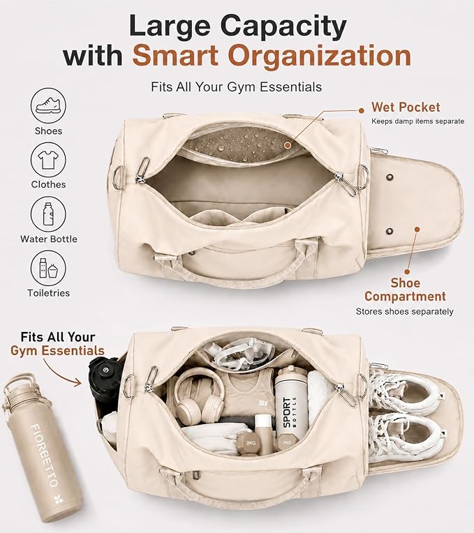 FIORETTO Womens Gym Tote Duffle Bag with Wet Pocket & Shoe Compartment, Sports Duffel Overnight Weekender Hospital Workout Carry on Bag for Girls, Ideal for Travel, Swimming, Dance, Ballet Beige