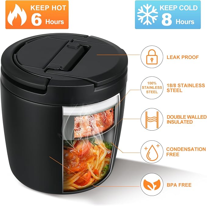 wiwens 40oz Insulated Lunch Containers for Adults Soup Thermo for Hot Food | Leak Proof Wide Mouth Vacuum Stainless Steel Thermal Jar Bento Box with Buckle Lid and Spoon