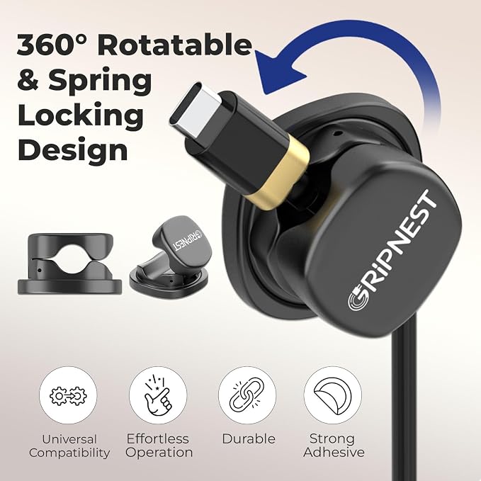 Cable Clips, 12 Pack Rotatable Cord Organizer with Adhesive | Strong Adhesive • 360° Rotatable • Keeps Cables Tangle-Free • For Desk, Car, Wall & Nightstand