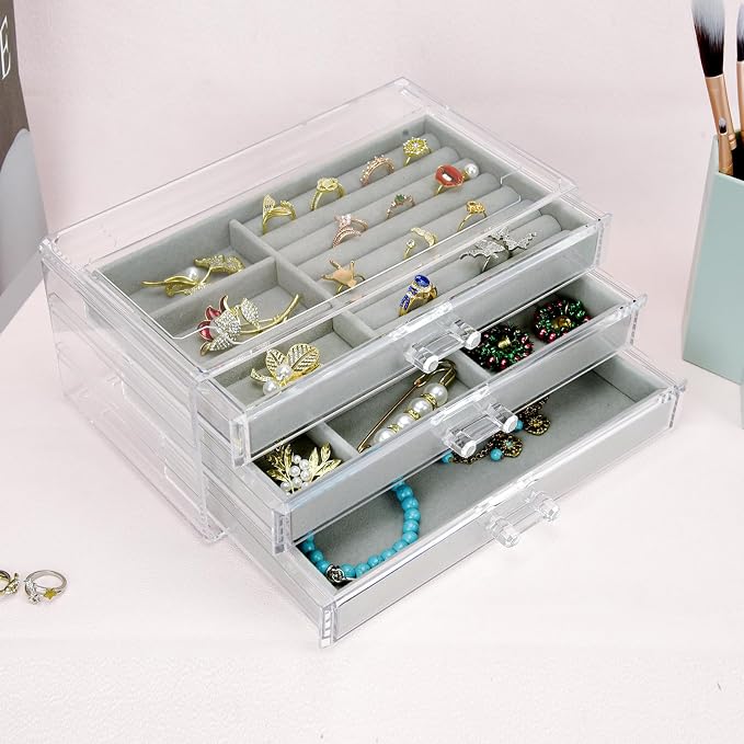 Weiai Acrylic Jewelry Box Organizer 3 Drawer Earring Storage Case Tray for Women