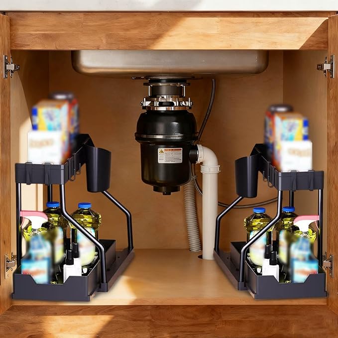 Under Sink Organizers and Storage, 2-Tier Sliding Cabinet Basket Organizer with Hooks, Multi-Purpose Under Sink Organizers and Storage for Bathroom Kitchen (Black, 2 PCS)