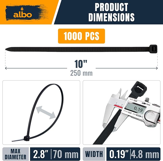ALBO Zip Ties Black 10 Inch 1000 Pack 50 lb, Long Plastic Cable Ties Thick 0.19 Inch Tie Wraps Heavy Duty UV Resistant Nylon Wire Ties for Indoor and Outdoor