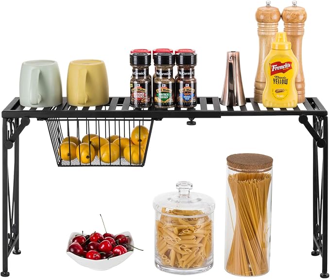 MyGift Expandable Black Metal Over Sink Shelf with Pull Out Drawer | Kitchen & Bathroom Organization, Countertop Space Saver, Adjustable Design, Hidden Drawer, Decorative Scrollwork Accent