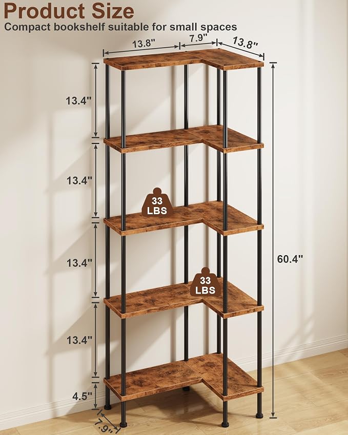 HIGDBFE 5-Tier L-Shaped Corner Bookshelf, 60" Tall Modern Corner Shelf | L-Shape Corner Fits Living Room, Bedroom, or Home Office Corners, 5 Open Shelves, Display Rack for Books, Plants, and More