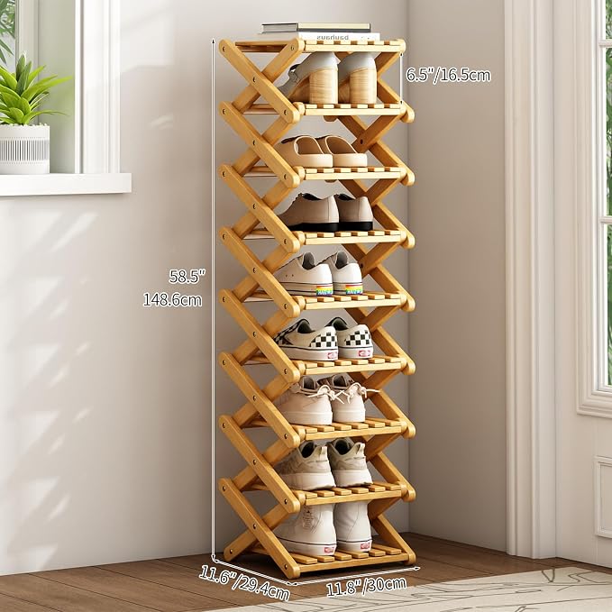 Bamboo Foldable Shoe Rack, 9 Tier Portable Shoe Storage Rack, Multi Functional Narrow Vertical Shoe Racks, Shoe Shelf for Entryway, Corner, Bedroom, Hallway, Balconies, Small Space
