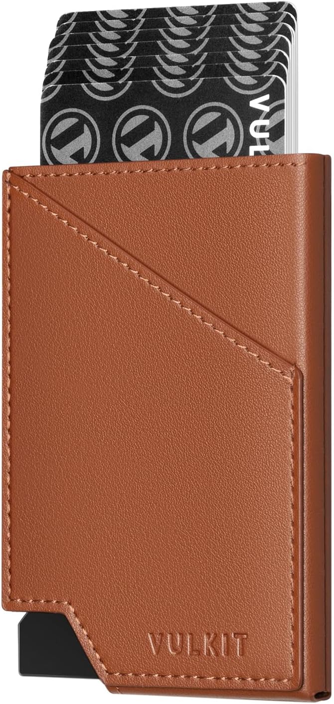 VULKIT Pop up Card Wallet RFID Blocking Slim Aluminum Metal Bank Card Holder Case with Business Money Pocket for Credit Cards Notes and Coins (Brown)
