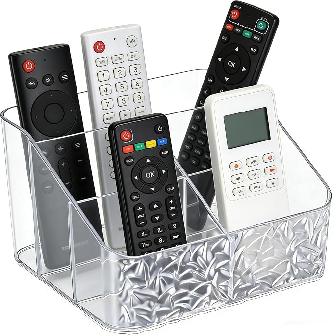 Remote Control Holder, Clear Desk Organizer with 4 Slots, Remote Caddy for TV Remotes, Streaming Devices, Controller Holder, Nightstand Organizer for Bedroom, Living Room, Office and Tabletop Use