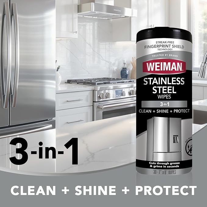 Weiman Stainless Steel Cleaner & Polish Kit, 1 Wipes & Cloth, Anti-Fingerprint, Removes Grease, Water Spots, Streaks & Residue, Polishing Cleaner Safe for Appliances, Chrome, Sinks & Grill Exteriors