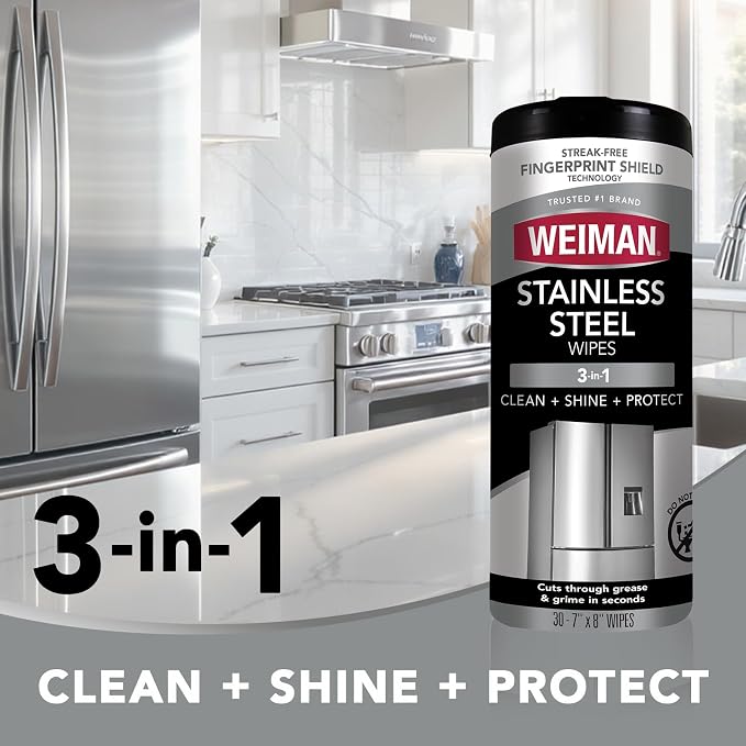 Weiman Stainless Steel Cleaner & Polish Kit, 3 Piece - Spray, Wipes & Cloth, Anti-Fingerprint, Removes Grease, Water Spots, Streaks & Residue, Polishing Cleaner Safe for Appliances, Sinks & Grills