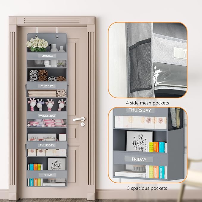 VERONLY Over The Door Organizer Storage, 5 Shelf Hanging Organizer with 4 Large Capacity Pockets, Anti Tilt 44 lb Load Behind Door Organizer for Bedroom, Bathroom, Pantry, Nursery