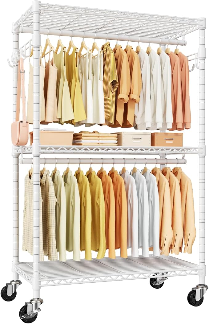 ULIFHOME P1 Rolling Clothes Rack Heavy Duty, Metal Closet Clothing Rack with Lockable Wheels, Portable Wardrobe Closet for Hanging Clothes, 35.5" W x 15.7" D x 80.5" H, Hold 500lbs, White