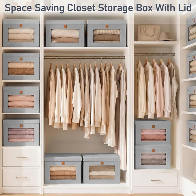DIMJ Storage Bins with Lids - 6 Pack Front Opening Stackable Fabric Storage Boxes with Clear Window & Handles, Collapsible Closet Organizers for Clothes, Sweaters, Shelf Storage, Bedroom, Gray
