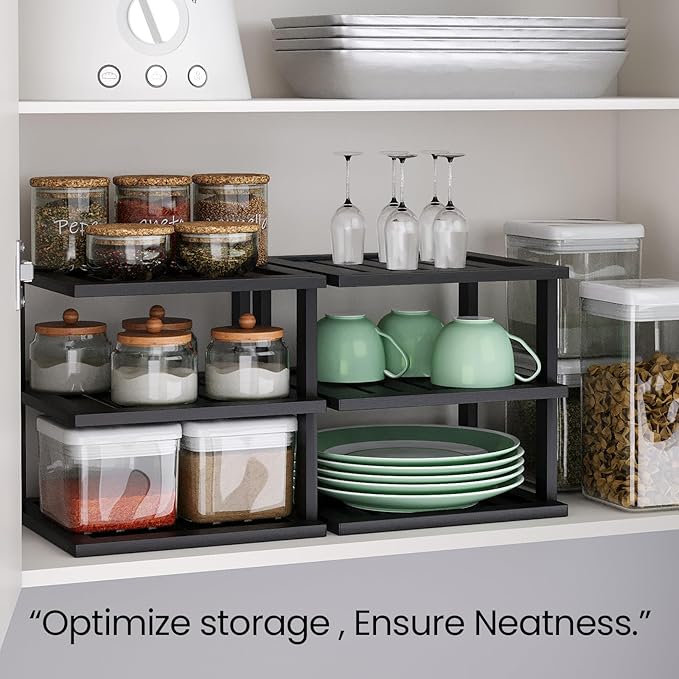2 Pack Bamboo Corner Shelf,3 Tier Kitchen Cabinet Organizer for Plates and Dishes,Pantry Storage and Spice Rack（Black）