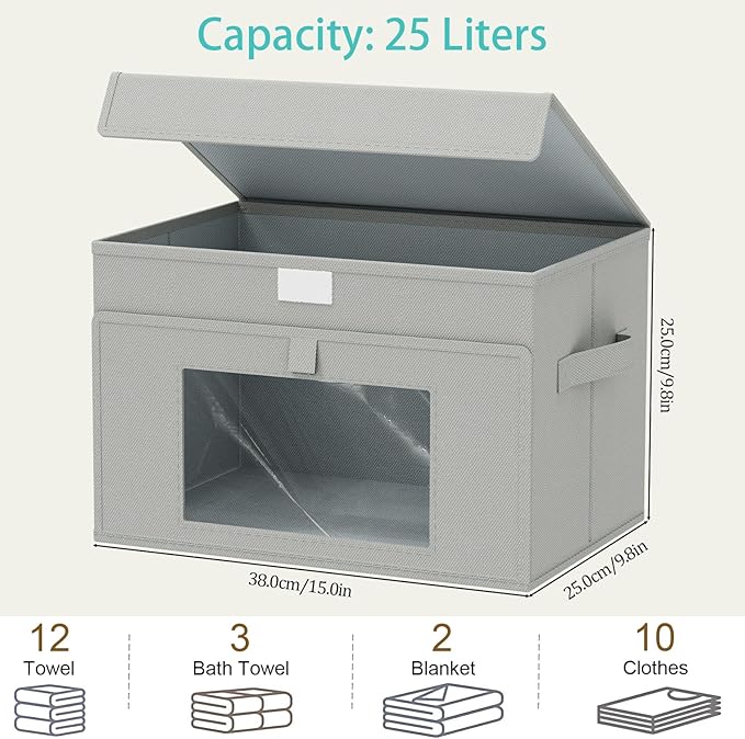 Storage Bins with Lids, Cube Organizer Basket with Window, Closet Boxes with Carrying 2 Handles and Sturdy PP Support Plate, 2 Pack, Grey, 15 x 9.8 x 9.8 In, XSNY17GL-2