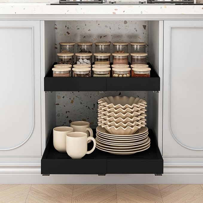 THMINS 2 Pack Heavy Pull Out Cabinet Organizer, 21" Deep Expandable (12.6" - 20.5") Heavy Duty Slide Drawers Pull Out Drawers for Kitchen Storage Cabinet (Black)