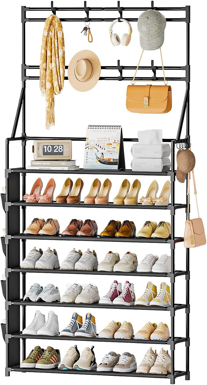 OYREL Shoe Rack 7 Tier Sturdy Shoe Racks Organizer for Closet | 28-35 Pairs Large Capacity Shoe Storage Rack with Multifunctional 5 Hooks and Side Pocket for Entrance Entryway