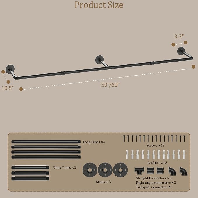 Wall Mounted Clothes Rack, Industrial Pipe Clothing Rack 50 Inch Black, Wall Clothes Hanger for Bedroom, Cloakroom, Closet, Hallway, Boutique Display, Drying Racks Wall-Mount for Laundry
