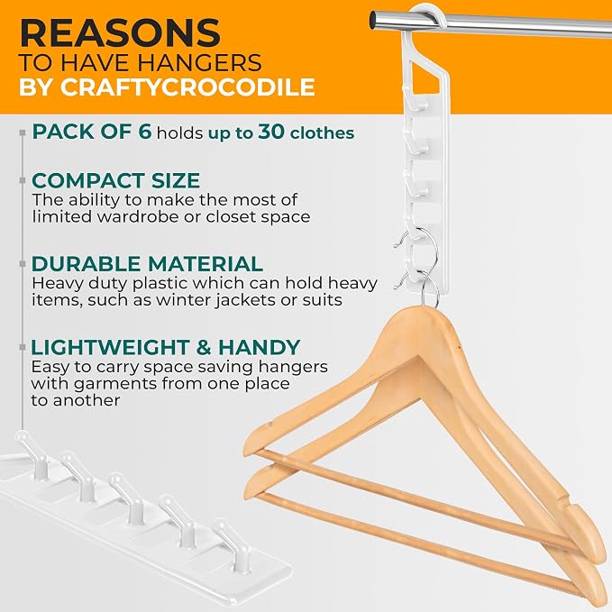 CraftyCrocodile Space Saving Hangers for Clothes - 6 in Pack, Heavy Duty Plastic, Multi Closet Space Savers for Shirts, Pants, Jeans, Sweaters - Hanger Organizer Space Saver, White