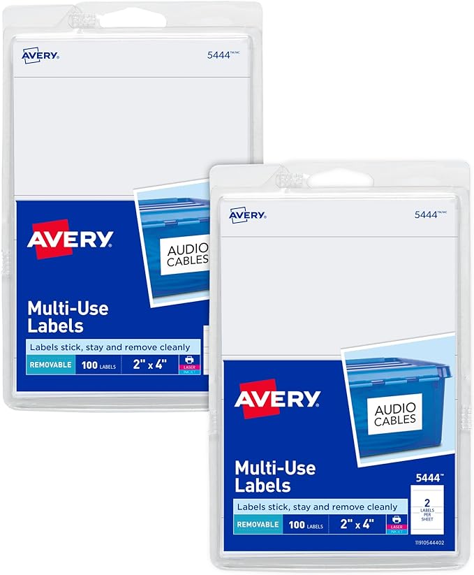 Avery® Printable All-Purpose Removable Labels, 2" x 4", Customizable Blank White Labels, Write or Print, Great for Organization Projects, 2 Packs, 200 Total (7827)
