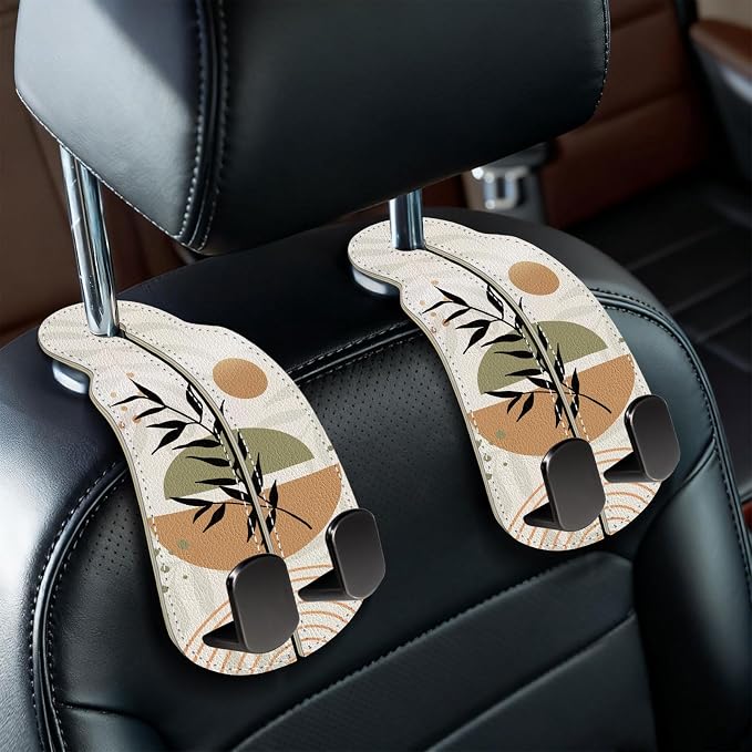 Blusabaca 2PCS Car Seat Headrest Hooks, Purses Bags Holder, Boho Leaves | PU Leather, Double Metal Back Storage Hangers for Grocery Bags Handbags Bottles Coats Phones, Car Accessories Organization