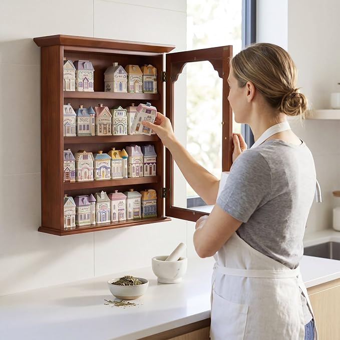 Chunful Vintage Spice Jar Wooden Rack with Clear Door, Brown Spice Shelf for 24 Jars, Village Style Wall Mounting Kitchen Storage Decorative Hanging Display Rack, Shelf Only