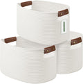 ECDYQXVU 15x10x9 Woven Cotton Rope Storage Basket, Leather Handles 3 Pack | Foldable Design, Sturdy PU Handles, Easy to Clean Organizer for Living Room, Closet, Shelves, Bedroom, Laundry, Clothes