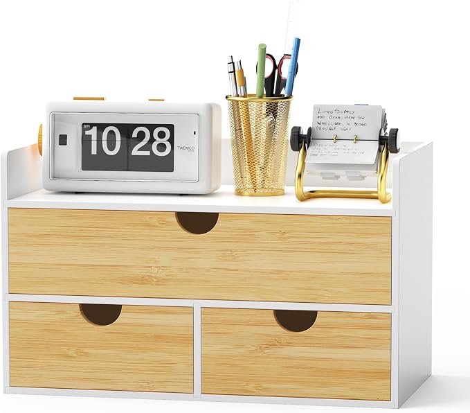 Bamboo Desk Organizer with Drawers, Desktop Storage for Office Supplies | 3 Drawers Desktop organizer, No Assembly Required, Natural Wood Wooden Desktop Drawers Box for Bills, Cosmetics, Seals, Paper