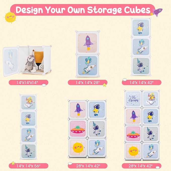 INFANS Children Wardrobe, Kid Closet Portable Baby Dresser Cute for Kids Bedroom Nursery Armoire with Doors 12 Cube 2 Hanging Sections, Kid Clothes Storage Organizer (White, 8 Cubes)
