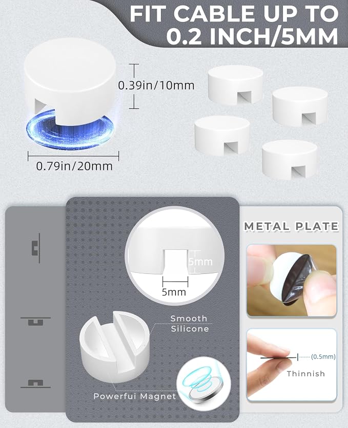 Maveek 5 Sets Magnetic Cable Management Clips with Discs, Adhesive Cable Holder Electrical Wire Clips Cord Organizer for Desktop Wall Kitchen USB LAN Type-c (White)