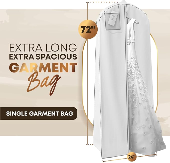 Your Bags 72” Wedding Dress Garment Bag with 20" Gusset & ID Window - Extra Large Bridal Garment Bags for Travel - Breathable, Foldable Dress Bag for Puffy Dresses, Prom & Formal Wear (White/Grey)