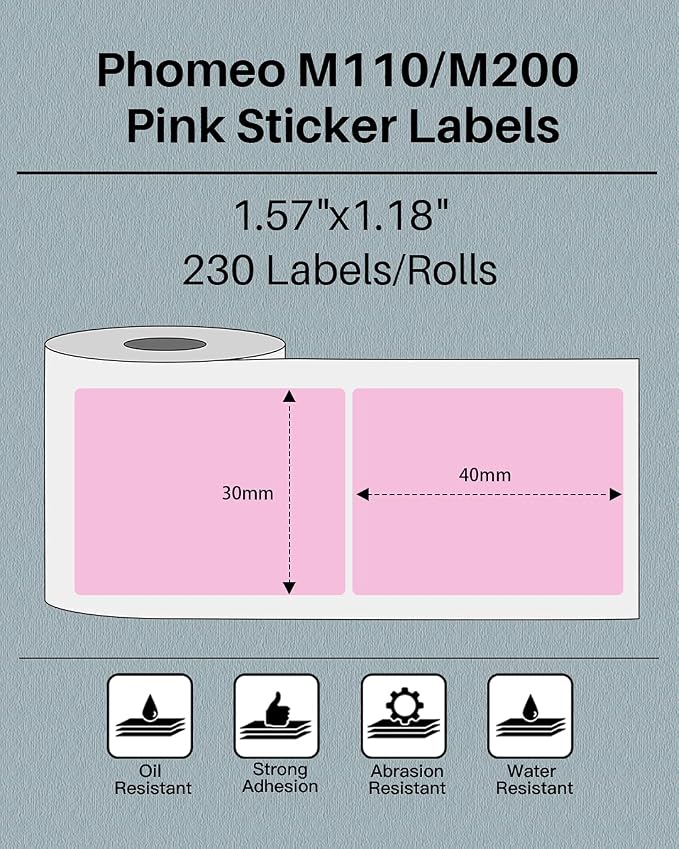 Phomemo Sticker Label M110/M221/M220/M120/M200/M150/M250/M260 Pink Label- 1.57"x1.18"(40x30mm) Thermal Paper for Small Business, Home, Office, 230 Labels/Roll