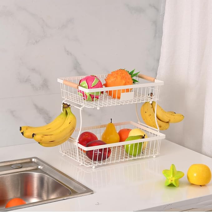 2 Tier Detachable Fruit Basket Bowl with 2 Banana Hangers, Fruit Stand Holder for Kitchen Countertop, Metal Wire Vegetable Storage Organizer, for Bread Snack Veggies Produce, White