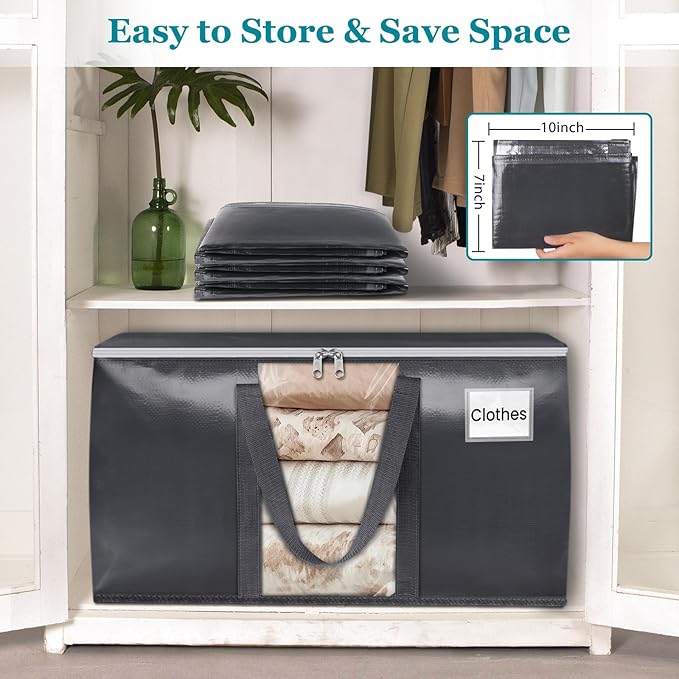 HomeHacks 2 Pack Extra Large Moving Bags with Visual PVC Window & Zippers, Storage Totes with Reinforced Handles, Heavy Duty Storage Bags for Packing, Moving, Storage (93L,Grey)