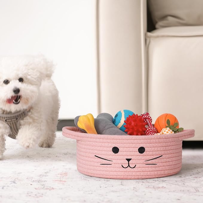 Small Rope Basket, Pink Cute Cat Toy Basket for Living Room, Gift Baskets Empty for Living Room, Decorative woven Baskets for Nursery, Baby Organizing & Towel Storage, 9.8 x 4 inches