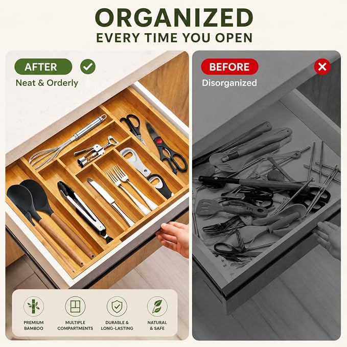 Bamboo Expandable Drawer Organizer for Utensils Holder, Adjustable Cutlery Tray, Wood Drawer Dividers Organizer for Silverware, Knives in Kitchen, Bedroom, Closet, Office, Tools