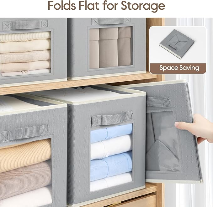 Homsorout Storage Cube 11 Inch - Cube Storage Bins with Window, Closet Storage Baskets with Handle, Fabric Bins for Closet, Shelves, Toys, Clothes, Set of 14, Grey