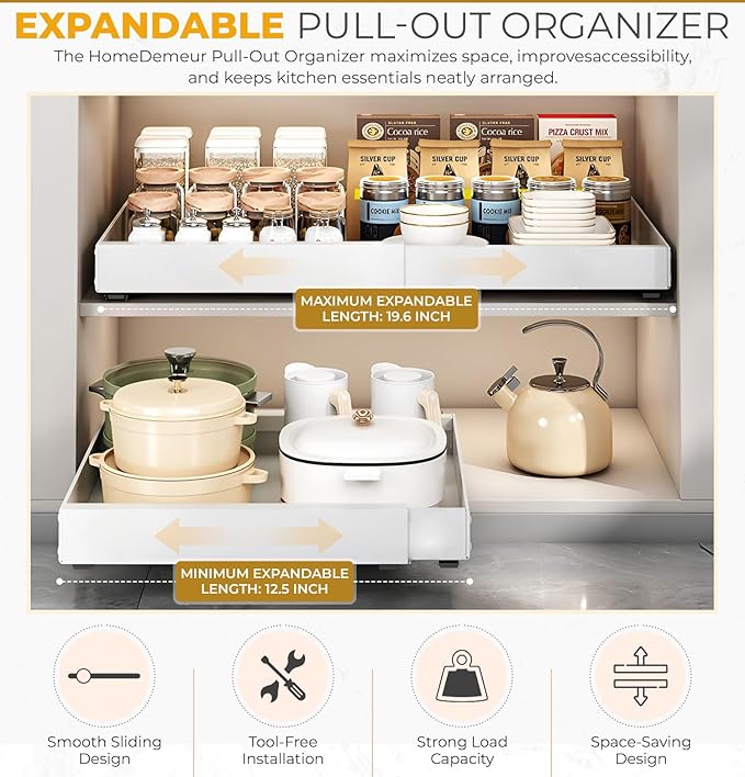 4pack Pull Out Under Sink Organizer – Expandable Sliding Cabinet Shelf for Kitchen, Bathroom, Pantry – Heavy Duty Metal Storage Rack for Cleaning Supplies and Bottles (White, 12.5-19.6 x 21 Inch)