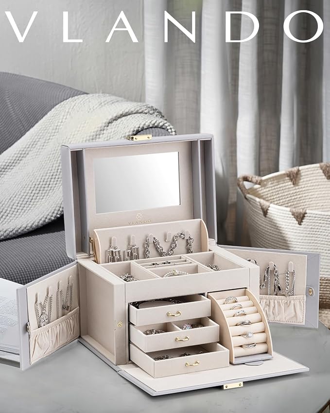 VLANDO Jewelry Box Organizer for Girls Women, Large Baroque Jewelry Holder Organizer with Mirror, 3 Drawers for Bracelets, Earrings, Rings, Necklaces, Mothers Day Gifts for Loved One, Grey