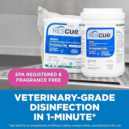 REScue One-Step Disinfectant Cleaner & Deodorizer Wipes for Vet Use – Cleaner for Kennels, Litter Boxes, Vet Offices, Pet Grooming Surfaces, Pet Items – Wipes Canister, 160-Count (4 Pack)