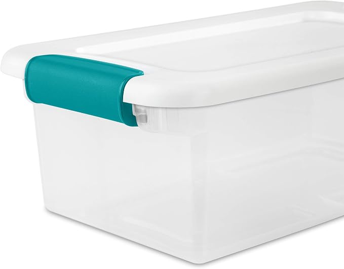 Sterilite 6 Qt Latching Storage Box, Stackable Bin with Latch Lid, Plastic Container to Organize Shoes on Closet Shelf, Clear with White Lid, 12-Pack