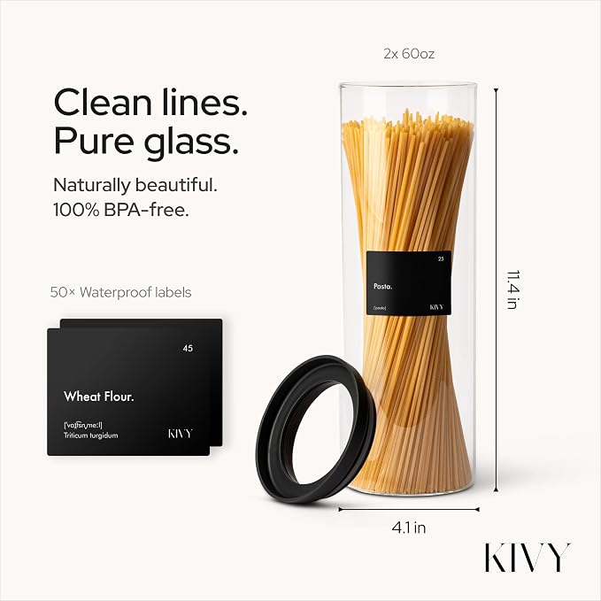 KIVY Airtight glass jars with transparent Glass Lid [2x 60oz] Glass airtight food storage containers - Pasta containers storage - Spaghetti container - Pasta containers for pantry flour Jar