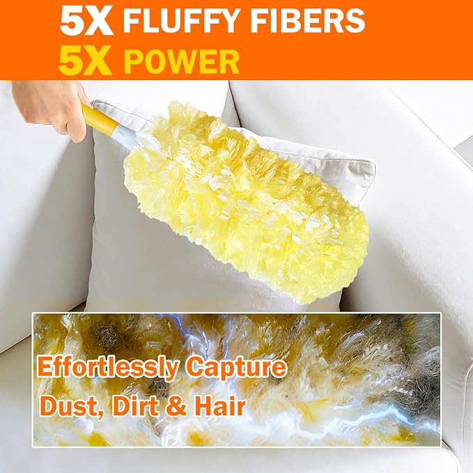 100 Count Heavy Duty Duster Refills for Swiffer Duster, 3 ft Extendable Handle + 1 Short Handle, Multisurface 360 Dusters kit for Dusting Furniture, Ceiling Fans, Blinds, Corners, Yellow