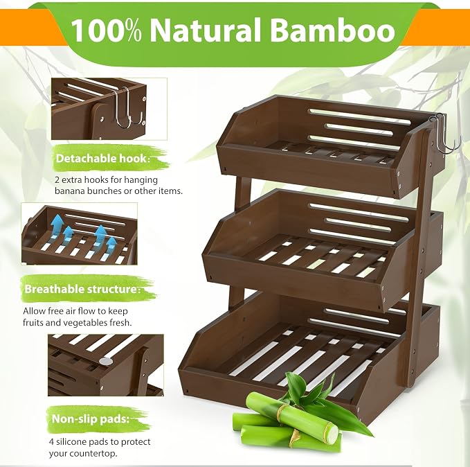 Gmtsl Bamboo Fruit Basket for Kitchen, Fruit Holder for Kitchen Countertop | 3 Tier Fruit bowl for Kitchen Counter, Fruit Stand, Vegetable Basket Storage, Produce Organizer, Bread Snack Display(WALNUT)