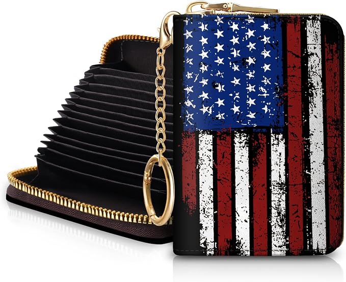 Blusabaca Women's RFID-Blocking American Flag Wallet, Leather, 12 Card Slots, 2 Coins, Zipper Closure, Waterproof | Removable Keychain, Case with Zipper, Vegan PU Leather, Cash Coin Pocket, Business Accordion Purse, Ladies Female Gift